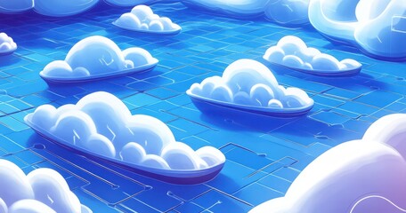 Aufkleber - Dreamy Digital Landscape Featuring Floating Clouds with a Vibrant Blue Background, Symbolizing Innovation, Imagination, and Technology in a Fantasy Realm