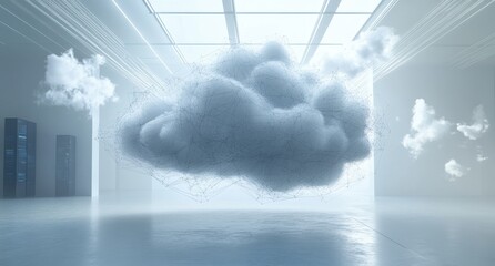 Poster - Ethereal Cloud Formation in a Modern Data Center with Futuristic Elements, Illustrating the Concept of Cloud Computing and Digital Innovations in Technology