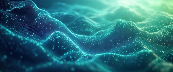 Poster - Ethereal Digital Landscape with Glowing Particles and Flowing Waves Representing a High-Tech Data Visualization Background for Science and Technology Themes