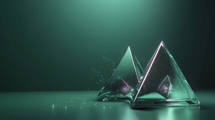 Poster - Glass pyramids reflect light in a dimly lit space, creating an intriguing display of shapes and textures