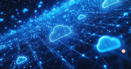 Poster - Futuristic Blue Cloud Computing Network with Glowing Clouds and Data Connections Representing Technology and Digital Communication Innovations