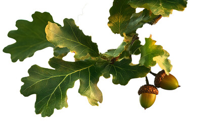 Wall Mural - oak autumn leaves and acorns. Close-up of an oak branch with green leaves and acorns. oak tree leaves. transparent, png