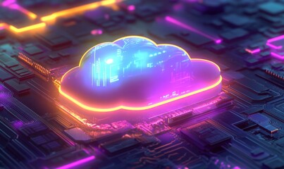 Poster - futuristic cloud computing concept showcasing digital cloud on circuit board with neon colors and hi