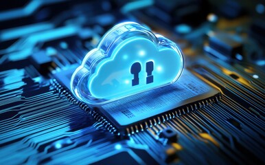 Poster - Futuristic Cloud Computing Concept with Digital Lock Symbols Over a Circuit Board Representing Data Security and Technology Innovation in Modern Data Storage Solutions