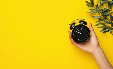 Black friday concept. First person top view photo of female hand holding black alarm clock on isolated yellow background with empty space