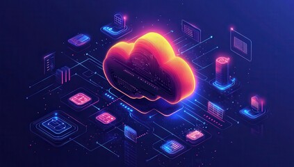 Aufkleber - Futuristic Cloud Computing Concept with Neon Colors and Digital Network Connections Representing Data Storage and Modern Technology Solutions