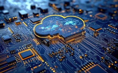 Poster - Futuristic Cloud Storage Concept with Circuit Board Background and Data Transmission Symbols Representing Technology and Digital Connectivity