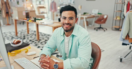 Poster - Man, fashion designer and happy at computer for portrait, creativity or glasses in studio. Entrepreneur, smile or tech in agency for small business, startup management or pride for career development