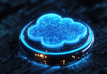 Poster - Futuristic Cloud Symbol with Circuit Patterns Illuminated by Neon Blue Light on a Digital Background, Representing Technology and Data Storage Concepts