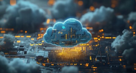 Poster - Futuristic Cloud Technology Concept with Circuit Board and Cityscape Representation, Illuminated by Neon Lights and Surrounded by Eerie Clouds