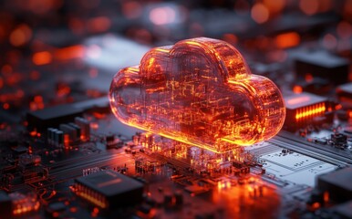 Poster - Futuristic Cloud Technology Symbol Emerges from Digital Circuit Board, Symbolizing Data Storage, Connectivity, and Innovation in the Digital Age with Vibrant Lighting Effects