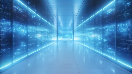 Poster - Futuristic Data Center Corridor with Neon Lighting and Digital Displays Reflecting Modern Technology and Information Flow in a Sleek, High-Tech Environment