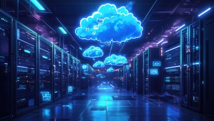 Poster - Futuristic Data Center Hallway with Neon Clouds and High-Tech Server Racks Illuminated by Blue LED Lights in a Visually Striking Digital Environment