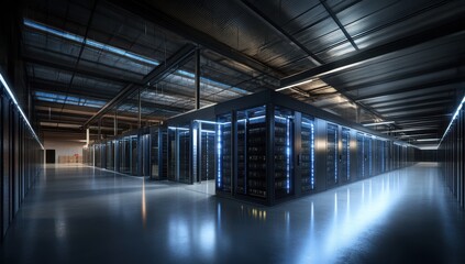 Aufkleber - Futuristic Data Center Environment with Rows of Server Racks, Glowing Lights, and High-Tech Industrial Infrastructure for Data Storage and Processing