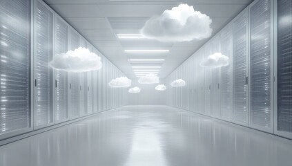 Poster - Futuristic Data Center with Digital Cloud Technology Above Silver Server Racks in a Sleek Modern Environment with a Reflective Floor