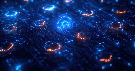 Poster - Futuristic Data Network with Glowing Nodes and Cloud Symbol Representing Digital Transformation and Technology in an Abstract Virtual Space