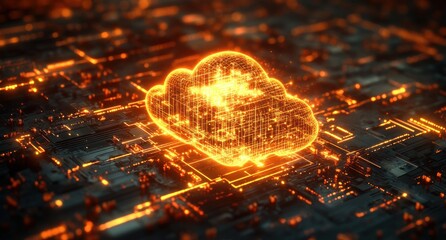 Poster - Futuristic digital cloud computing concept with glowing circuitry representing data transfer and technology integration on a dark background
