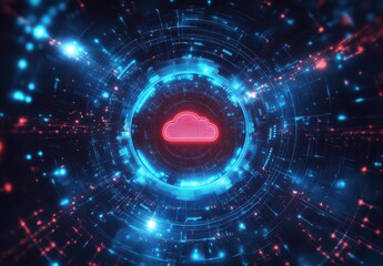 Poster - Futuristic Digital Cloud Concept with Vibrant Neon Lights and Abstract Data Connections, Representing Modern Technology and Cloud Computing Innovation