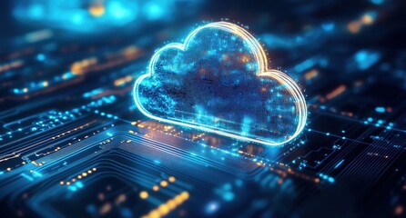 Poster - Futuristic Digital Cloud Icon Over Circuit Board Background Representing Data Storage, Technology, and Connectivity in Cyber Space