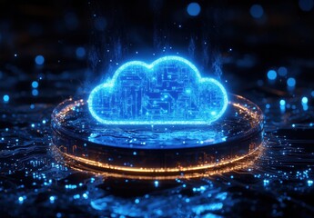 Poster - Futuristic Digital Cloud Icon Surrounded by Abstract Data Streams and Light Effects Representing Technology and Innovation in a Virtual Environment