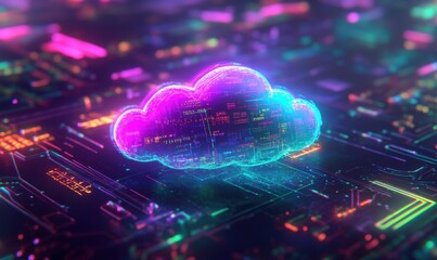 Aufkleber - Futuristic Digital Cloud on Circuit Board Background with Glowing Colors and Neon Lights Representing Technology and Data Storage Concepts