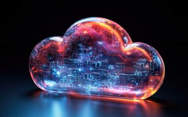 Poster - Futuristic Digital Cloud Representation with Glowing Circuit Patterns and Data Visualization in Cyber Aesthetic for Technology and Connectivity Themes