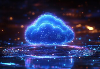 Poster - Futuristic Digital Cloud Representation Surrounded by Bright Lights and Dynamic Circles Emphasizing Technology and Data Connectivity in a Virtual Space