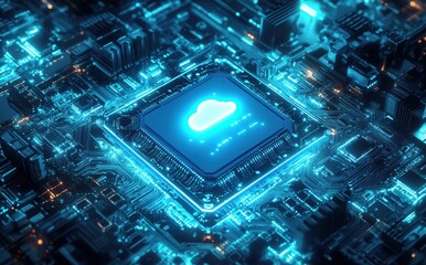 Aufkleber - Futuristic Digital Landscape with Vibrant Circuitry and Cloud Symbol Representing Cloud Computing and Technology Innovation