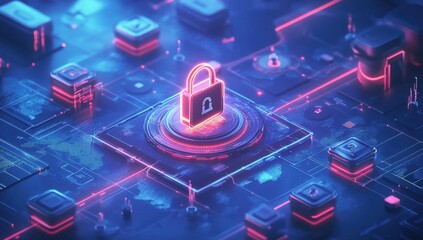 Poster - Futuristic Digital Lock and Secure Data Concept with Neon Lights Representing Cybersecurity and Protection of Information in Advanced Technology Systems