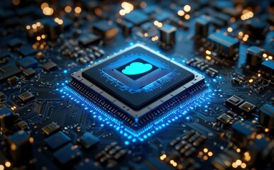 Poster - Futuristic microchip design featuring cloud computing technology with glowing elements on a detailed circuit board, representing innovation in digital technology and data storage.