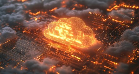 Poster - Glowing Cloud Data Representation Over a Futuristic Circuitry Landscape Illustrating the Concept of Cloud Computing and Modern Technology Integration