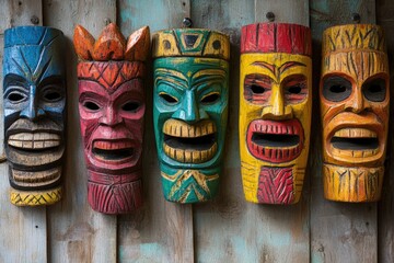 Colorful hawaiian tiki masks hanging on a wooden wall