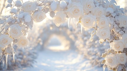 Poster - Frosty White Roses Arching Winter Wonderland