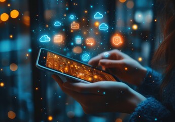 Poster - Hands of a person using a smartphone displaying vibrant digital icons representing technology, communication, and cloud concepts in a modern urban setting during nighttime.