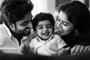 Wall Mural - Candid shot of a Indian ethnic boy playing  and having fun with his young parents at home in black and white