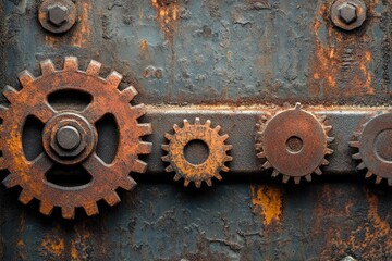 Aufkleber - Rusty gears representing teamwork and industrial collaboration on metal background