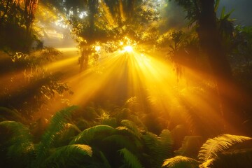 Wall Mural - Golden sunbeams filtering through lush tropical forest canopy