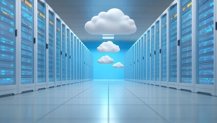 Aufkleber - Modern data center interior featuring server racks and floating cloud illustrations, showcasing cloud computing technology and digital infrastructure in a futuristic environment