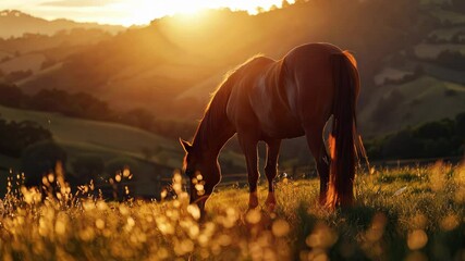 Wall Mural - A serene image of a horse grazing in a lush field during sunset. The golden light creates a peaceful and warm atmosphere against a backdrop of rolling hills.