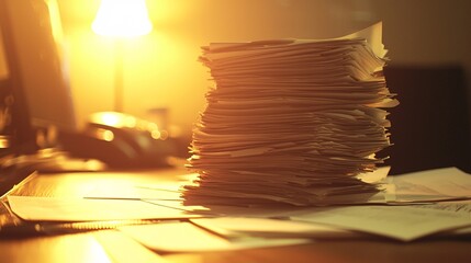 Poster - tax submission process, stacks of paperwork, financial documents spread across a wooden desk, warm lighting, busy office environment