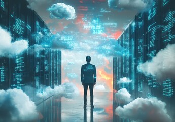 Poster - Surreal Digital Landscape with Man Facing Data Clouds and Servers, Representing Technology, Data Analysis, and the Future of Innovation in a Virtual Environment