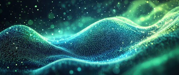 Poster - Vibrant Abstract Waves with Glowing Particles in Green and Blue Tones, Capturing the Essence of Motion and Energy, Perfect for Technology and Creative Themes