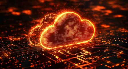 Poster - Vibrant Digital Cloud with Glowing Particles Representing Data Transfer, Technology and Innovation in a Futuristic Environment