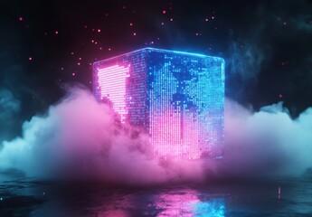 Poster - Vibrant Neon Cube Surrounded by Mist and Colorful Particles, Creating a Futuristic and Abstract Atmosphere for Creative Projects