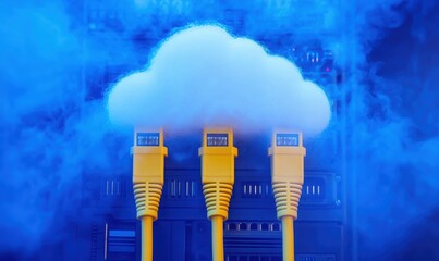 Poster - Vibrant Representation of Cloud Computing with Yellow Ethernet Cables Connecting to a Soft Cloud Against a Digital Background and Misty Atmosphere