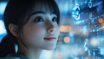 Poster - Young woman interacting with futuristic digital interface, exploring advanced technology concepts and data visualization in a modern setting, showcasing innovation and curiosity