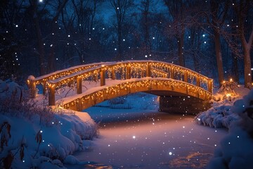 Poster - Wooden bridge with christmas lights illuminating snowy winter night landscape