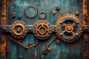 Leinwandbilder - Rusty gears and chains creating a steampunk composition on metal background