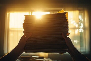 Poster - an intimate shot of a single worker organizing income tax records in a cozy environment, a sense of 