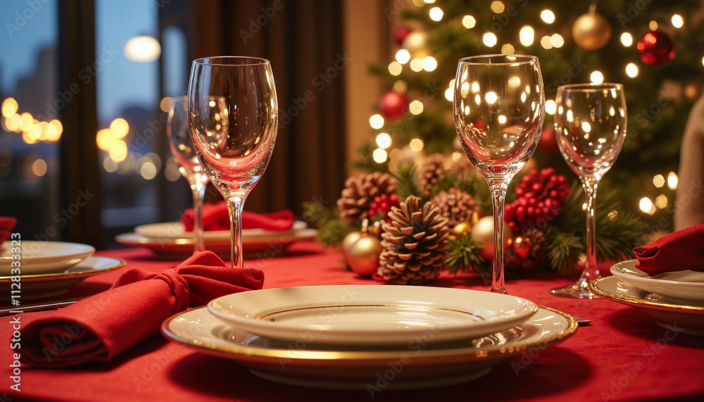 Elegant holiday dining setup with sparkling glassware and festive decor against a Christmas tree backdrop